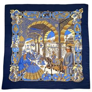 HERMES Cashmere Silk Scarf Shawl Splenduer Des Maharajah Baschet 140cm Blue Gold